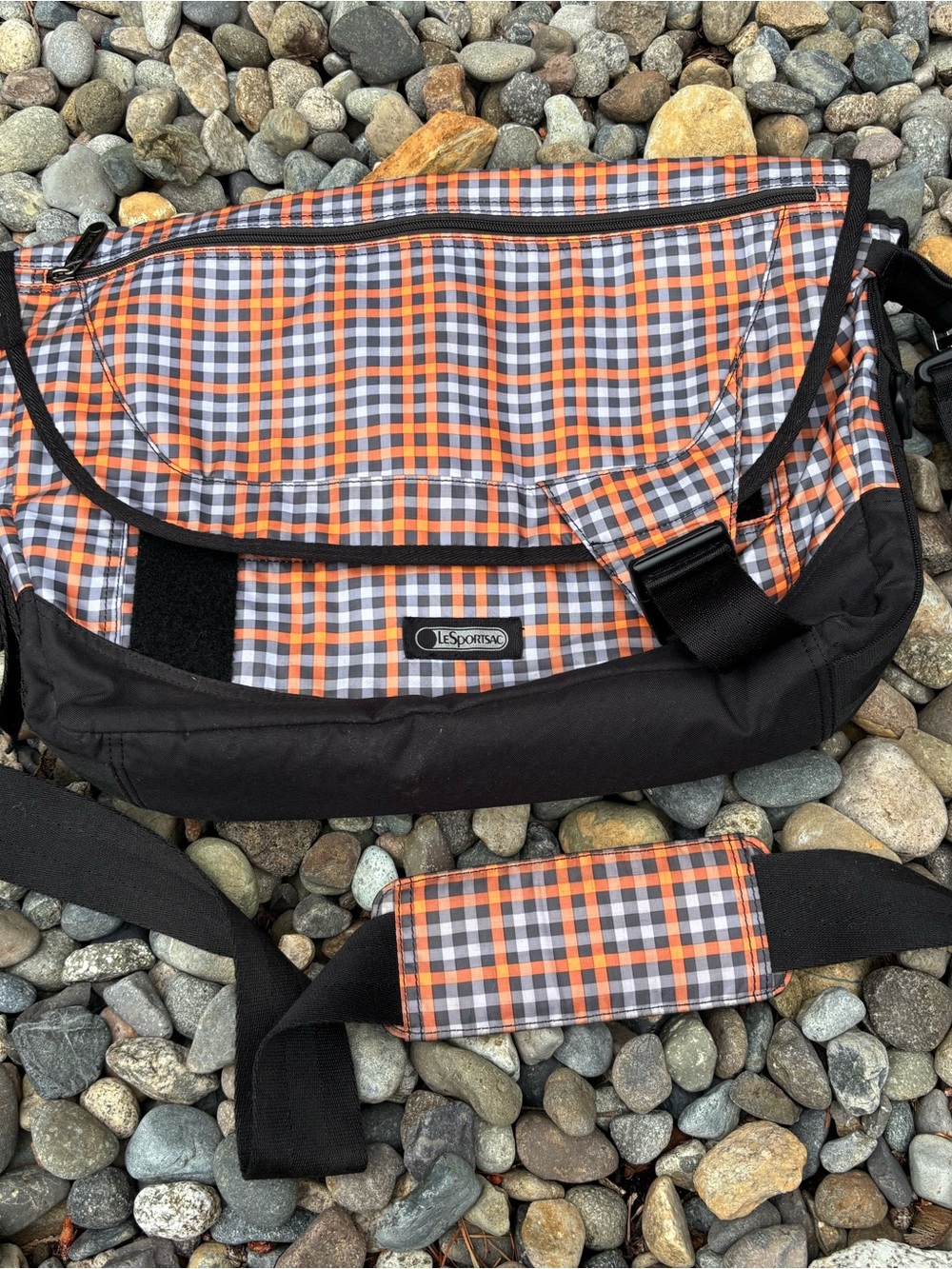 Lesportsac Orange, Gray and White Plaid Messenger Bag